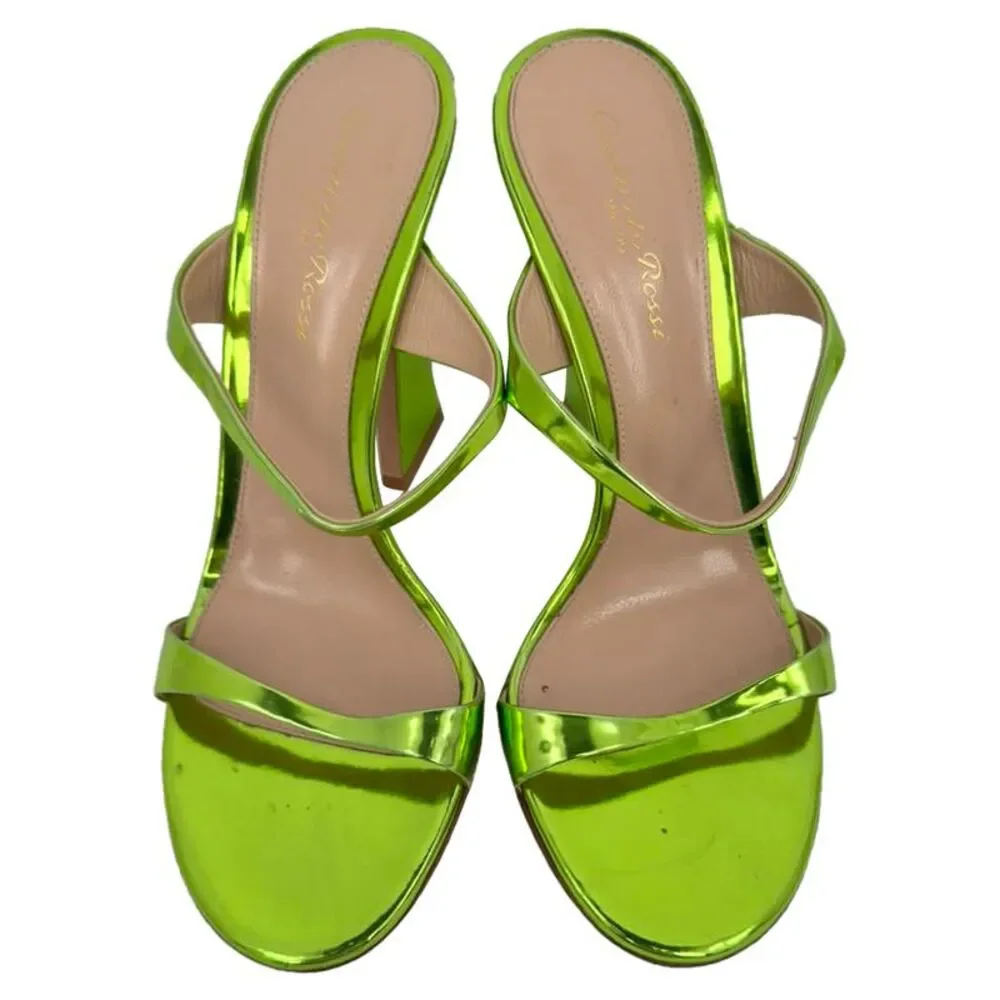 Gianvito Rossi Aura Heeled Mules in Metallic Green Leather